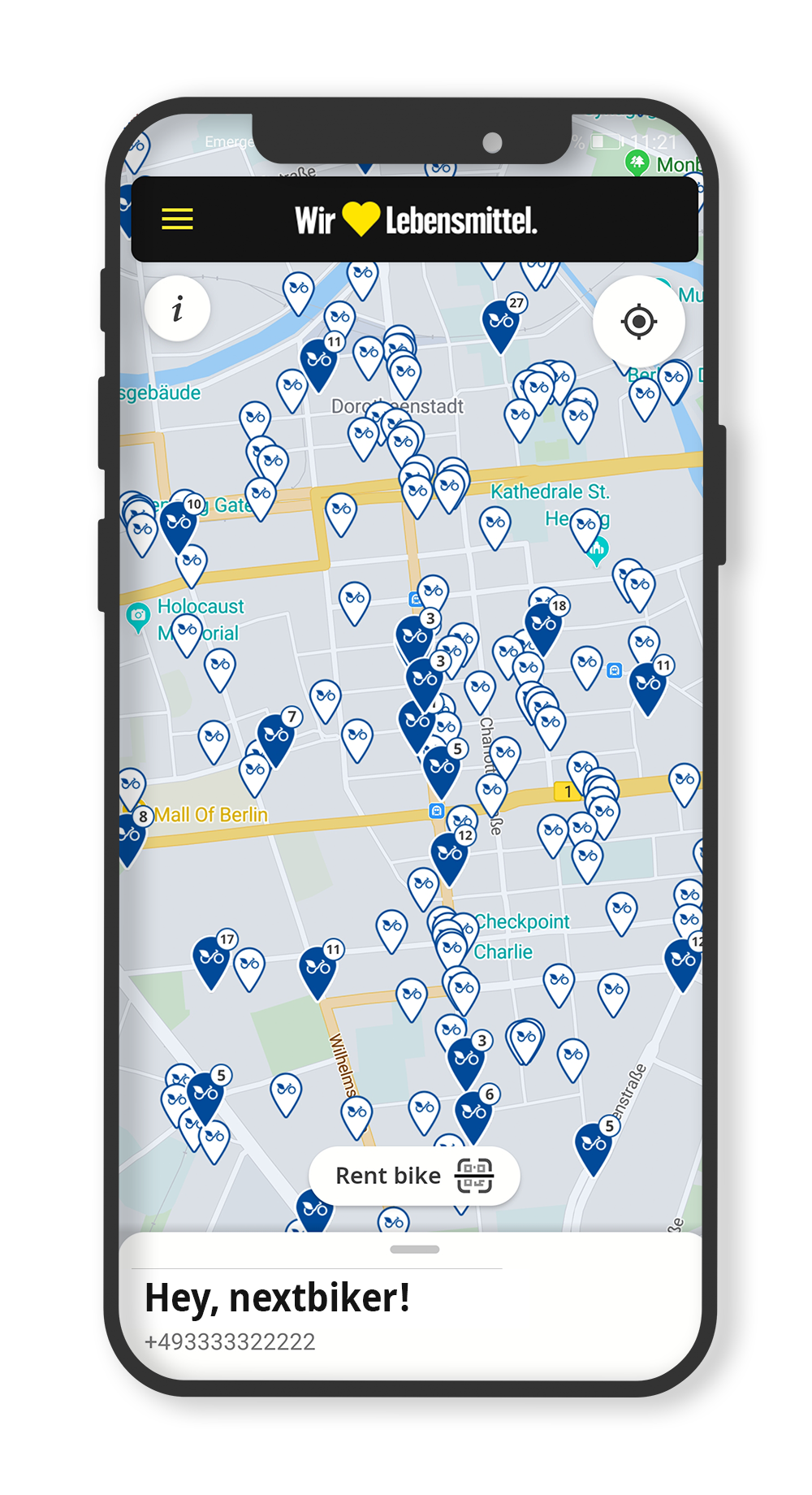 ein iPhone zeigt die Berliner Karte in der nextbike app an