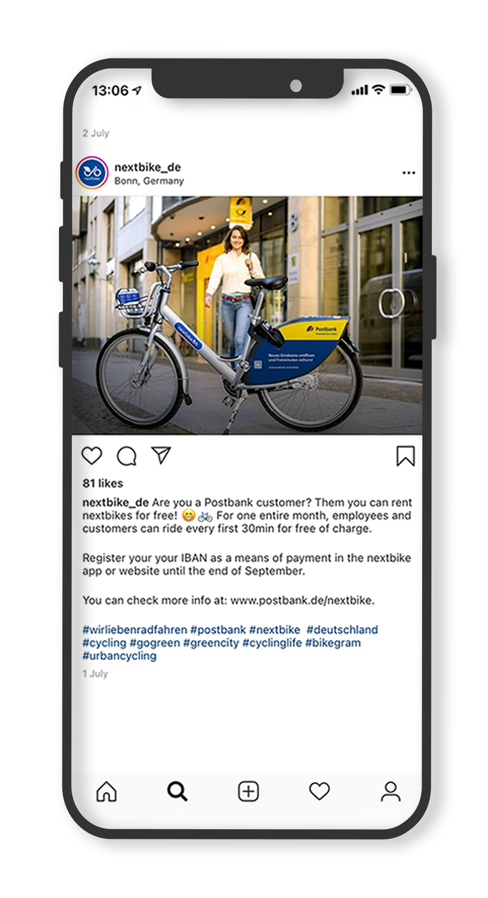 nextbike Instagram Post zur Postbank-Kampagne