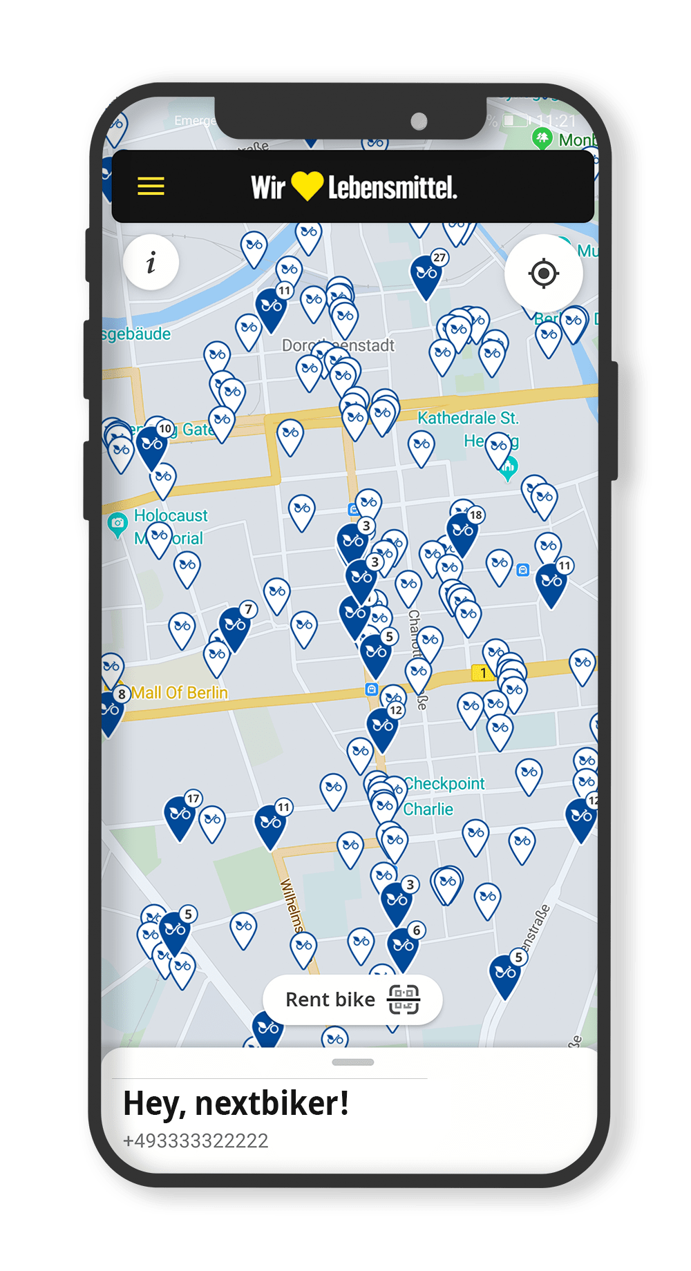 iPhone zeigt die Berliner Karte in der nextbike app an