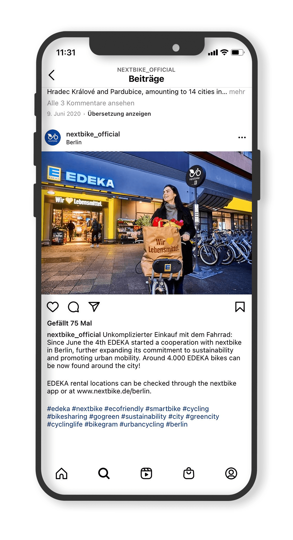 instagram post zum start der EDEKA nextbike Zusammenarbeit