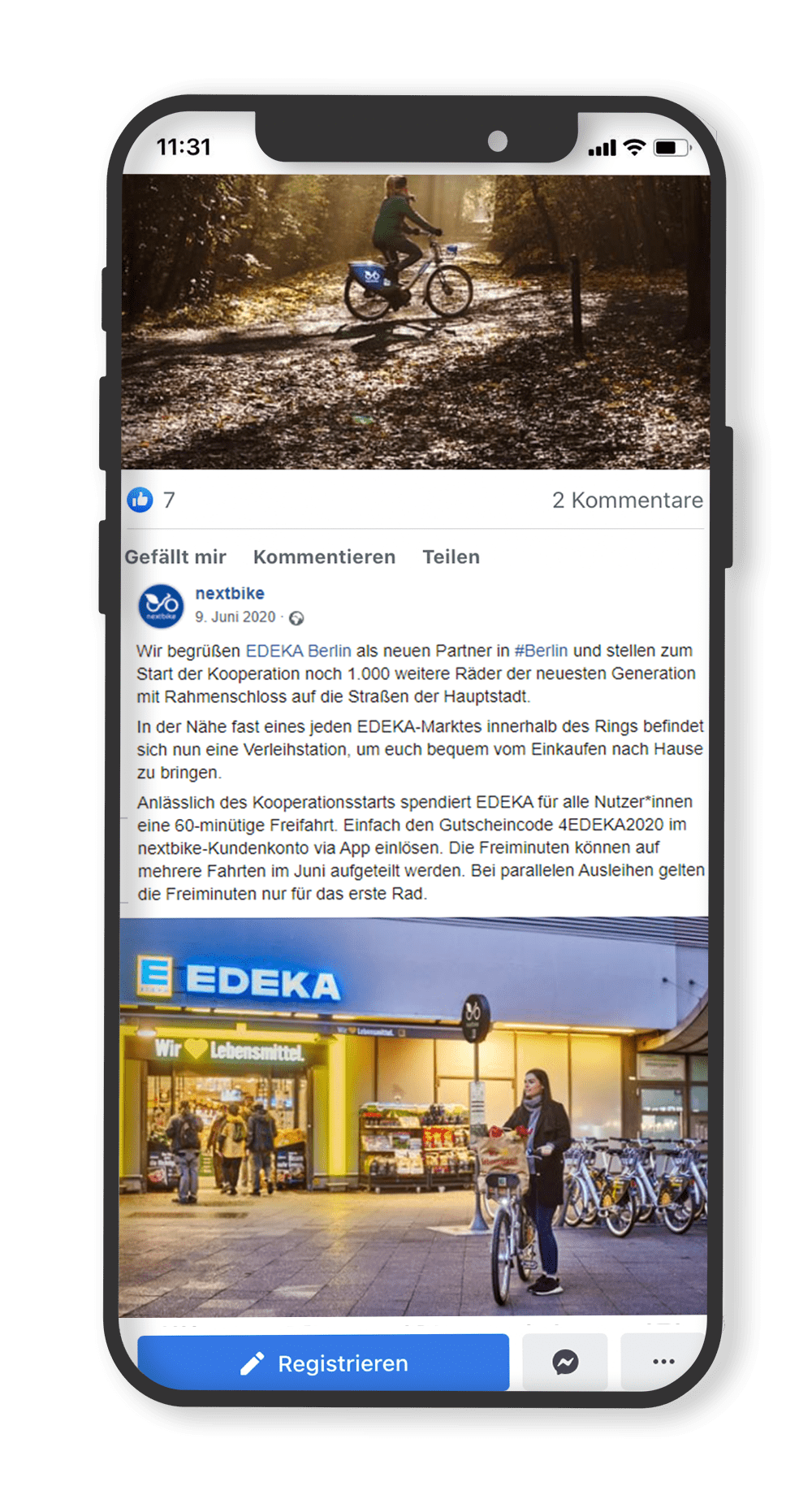 nextbike facebook post über die Zusammenarbeit mit EDEKA